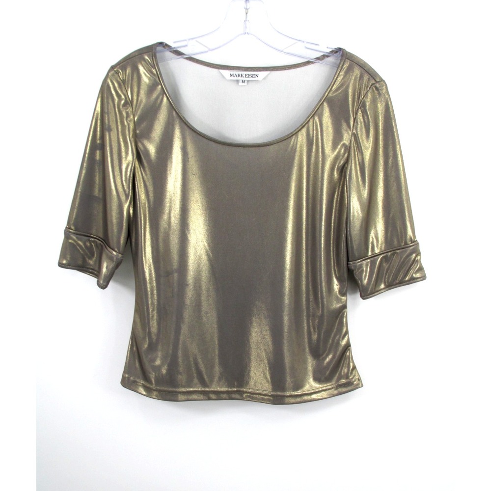 Mark Eisen Gold Platinum Shimmer Metallic Top Cuffed Short Sleeve Vintage M
